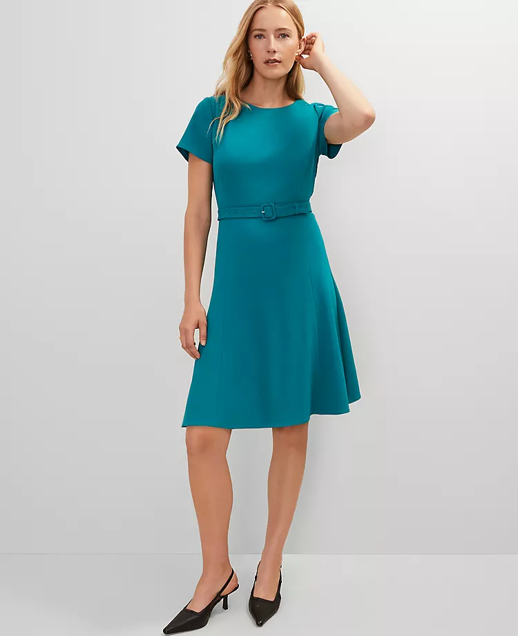 Petite Crew Neck Belted Flare Dress Aegean Teal 3 Petite Crew Neck Belted Flare Dress Aegean Teal