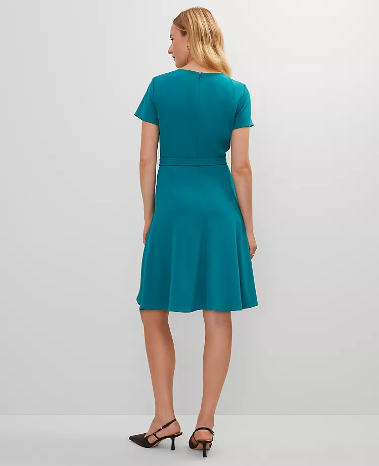 Petite Crew Neck Belted Flare Dress Aegean Teal 4 Petite Crew Neck Belted Flare Dress Aegean Teal - Image 2
