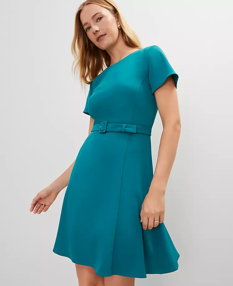 Petite Crew Neck Belted Flare Dress Aegean Teal 5 Petite Crew Neck Belted Flare Dress Aegean Teal - Image 3
