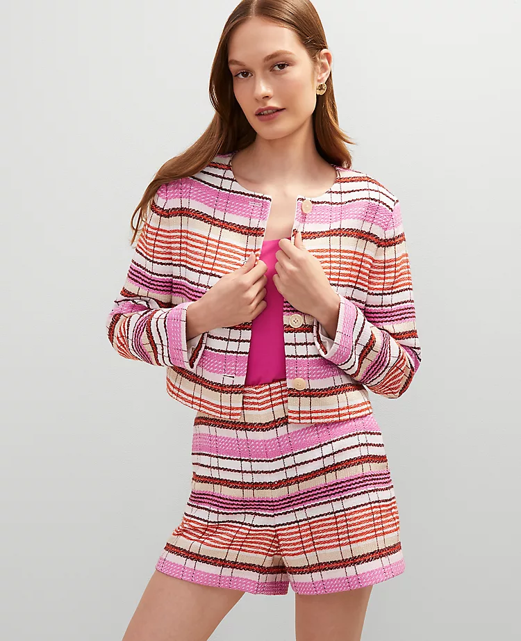 Petite Tweed Crew Neck Jacket Neutral/Red Multi 4 Petite Tweed Crew Neck Jacket Neutral/Red Multi - Image 2