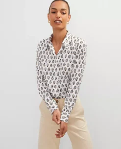 Petite Floral Satin Essential Shirt Winter White