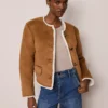 Faux Suede Crew Neck Jacket White Fur/ Tan Suede -Anntaylor Shop 853388 020153