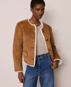 Faux Suede Crew Neck Jacket White Fur/ Tan Suede