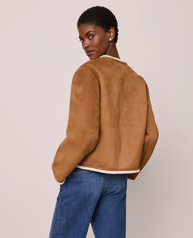 Faux Suede Crew Neck Jacket White Fur/ Tan Suede 4 Faux Suede Crew Neck Jacket White Fur/ Tan Suede - Image 2