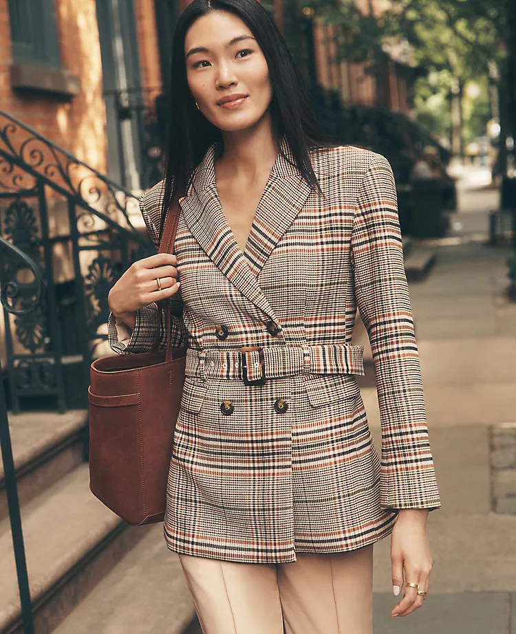 The Petite Fitted Belted Blazer In Plaid Pure Chocolate 3 The Petite Fitted Belted Blazer In Plaid Pure Chocolate