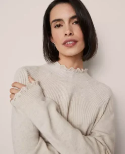 Petite Ruffle Trimmed Mock Neck Sweater Pale Sand Heather -Anntaylor Shop 853672 0272 ALT2