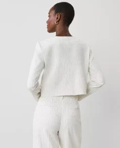 Petite Pinstripe Crew Neck Jacket Dusty Ivory Melange -Anntaylor Shop 856986 7841 ALT1
