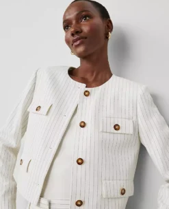 Petite Pinstripe Crew Neck Jacket Dusty Ivory Melange -Anntaylor Shop 856986 7841 ALT2