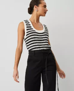 Petite Weekend Collection Striped Open-Stitch Sweater Shell Black/White Combo