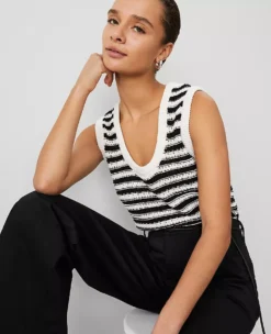 Petite Weekend Collection Striped Open-Stitch Sweater Shell Black/White Combo -Anntaylor Shop 856995 6365 ALT2