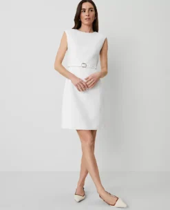 The Petite Belted Shift Dress In Linen Blend White
