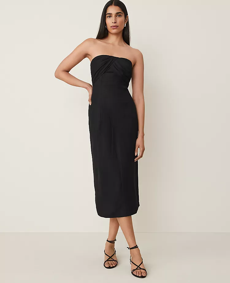 Petite Strapless Linen Blend Midi Dress Black 3 Petite Strapless Linen Blend Midi Dress Black