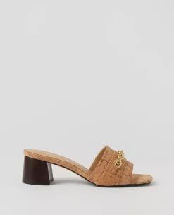 Cork Chain Flare Block Heel Sandals Natural