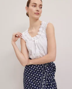 Petite Weekend Collection Eyelet Tie Neck Top White