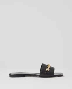 Chain Leather Slide Sandals Black