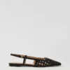 Woven Leather Nip Toe Slingback Flat Black