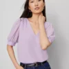 Puff Sleeve V-Neck Popover Lavender Petal 2 Puff Sleeve V-Neck Popover Lavender Petal -Anntaylor Shop 857250 019789
