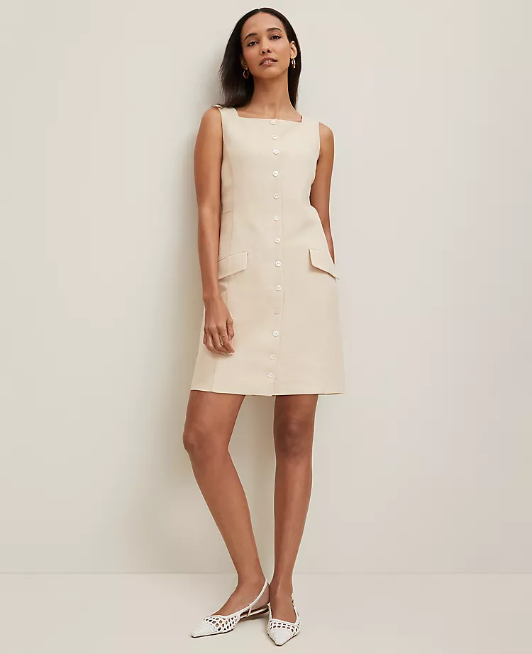 Petite Square Neck Button-Down Dress Sand Shell 3 Petite Square Neck Button-Down Dress Sand Shell