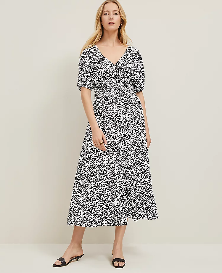 Petite Floral Smocked Puff Sleeve Dress Black 3 Petite Floral Smocked Puff Sleeve Dress Black