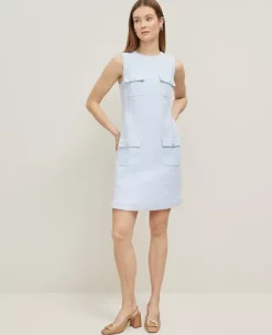 Petite Tweed Button Pocket Shift Dress Zephyr Blue -Anntaylor Shop 857434 1286 ALT2