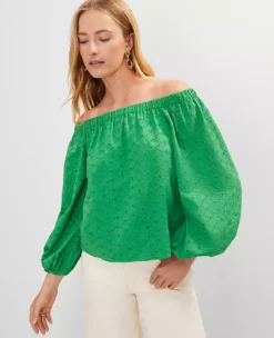 Petite Eyelet Off The Shoulder Top Natural Green