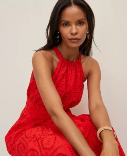 Petite Eyelet Halter Flare Maxi Dress Fiery Red -Anntaylor Shop 857489 5139 ALT2