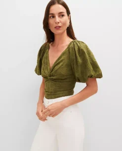 Petite Eyelet Knotted Tie Back Blouse Moss Green