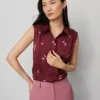 Petite Floral Shirred Yoke Sleeveless Shirt Windsor Wine -Anntaylor Shop 857628 525453