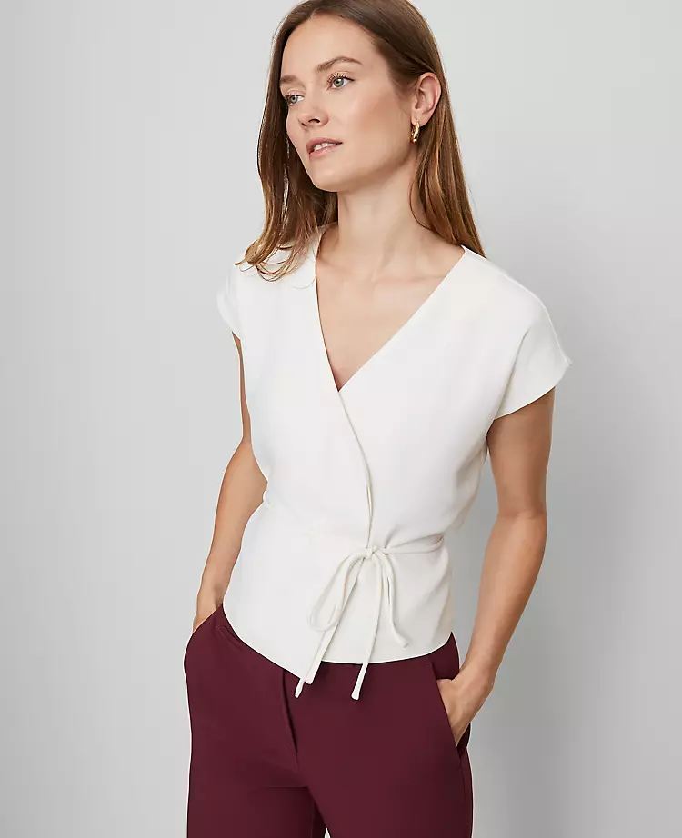 Petite Wrap Tie Waist Blouse Winter White 6 Petite Wrap Tie Waist Blouse Winter White - Image 4