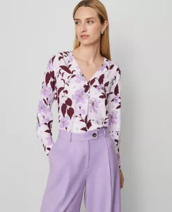 Petite Floral Mixed Media Pleat Front Top Spring Lilac C