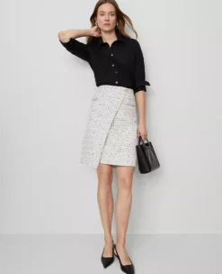 Petite Tweed Button Wrap Skirt Charcoal/White Combo 10 Petite Tweed Button Wrap Skirt Charcoal/White Combo -Anntaylor Shop 857790 018821 ALT3