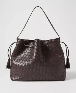 Woven Drawstring Bucket Bag Dark Chocolate