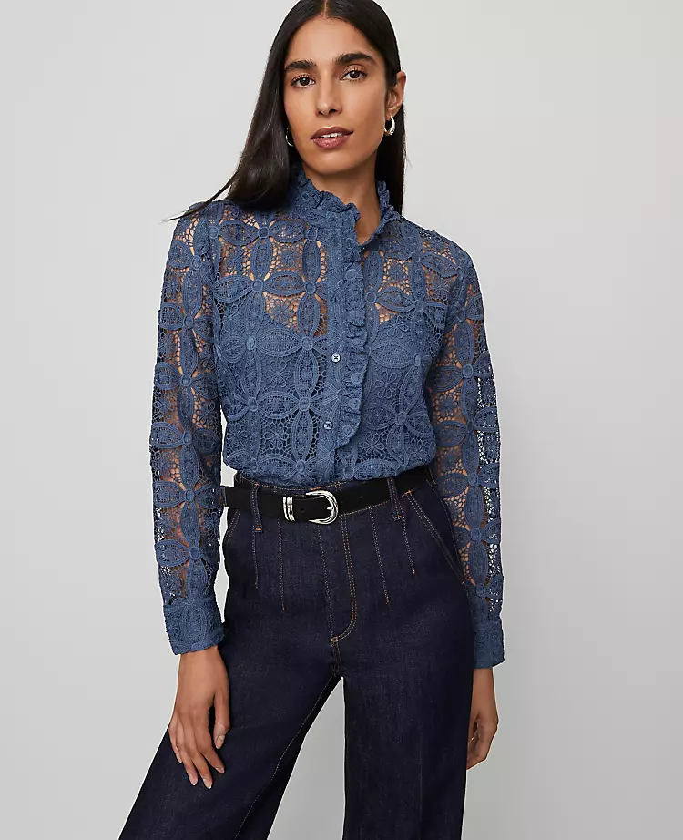 Petite Ruffle Collar Lace Blouse Faded Denim 4 Petite Ruffle Collar Lace Blouse Faded Denim - Image 2