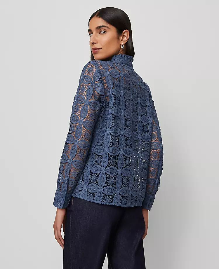 Petite Ruffle Collar Lace Blouse Faded Denim 5 Petite Ruffle Collar Lace Blouse Faded Denim - Image 3