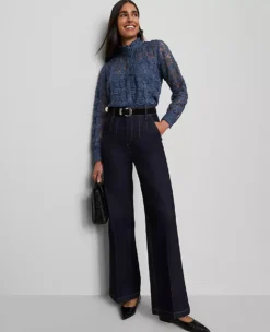 Petite Ruffle Collar Lace Blouse Faded Denim 9 Petite Ruffle Collar Lace Blouse Faded Denim -Anntaylor Shop 857810 019788 ALT2