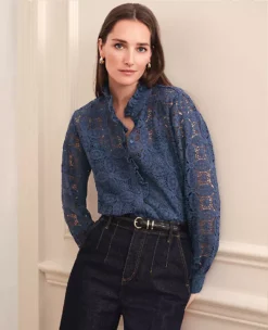 Petite Ruffle Collar Lace Blouse Faded Denim