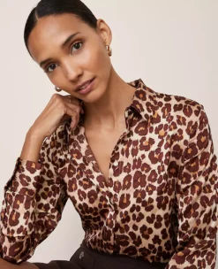 Petite Animal Print Satin Button Down Shirt Pale Sandalwood