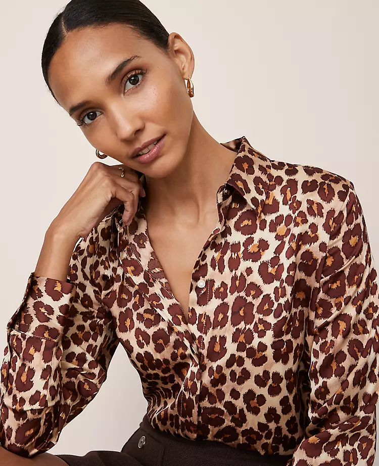 Petite Animal Print Satin Button Down Shirt Pale Sandalwood 3 Petite Animal Print Satin Button Down Shirt Pale Sandalwood