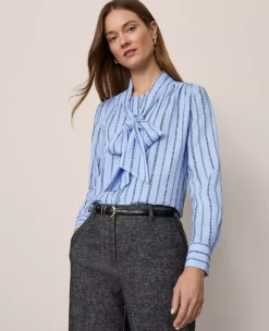 Petite Chain Link Print Satin Bow Blouse Gentle Stream B -Anntaylor Shop 857842 526345 ALT2