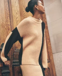 Colorblock Ribbed Mock Neck Sweater Camel Multi