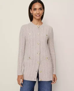 Petite Long Cable Cardigan Vintage Taupe Melange -Anntaylor Shop 858599 0732 ALT2