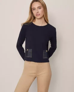 Petite Weekend Collection Denim Patch Pocket Pullover Night Sky