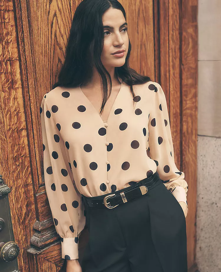 Petite Dotted V-Neck Popover Cafe Au Lait 3 Petite Dotted V-Neck Popover Cafe Au Lait