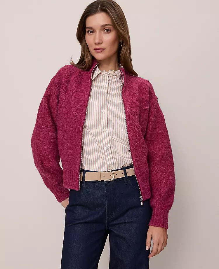 Petite Weekend Collection Cable Knit Bomber Sweater Jacket Strawberry Shortcake 4 Petite Weekend Collection Cable Knit Bomber Sweater Jacket Strawberry Shortcake - Image 2