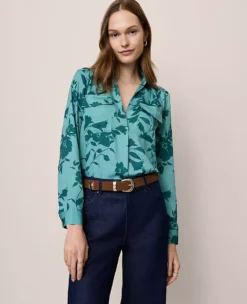 Petite Floral Camp Shirt Deep Atlantic Teal